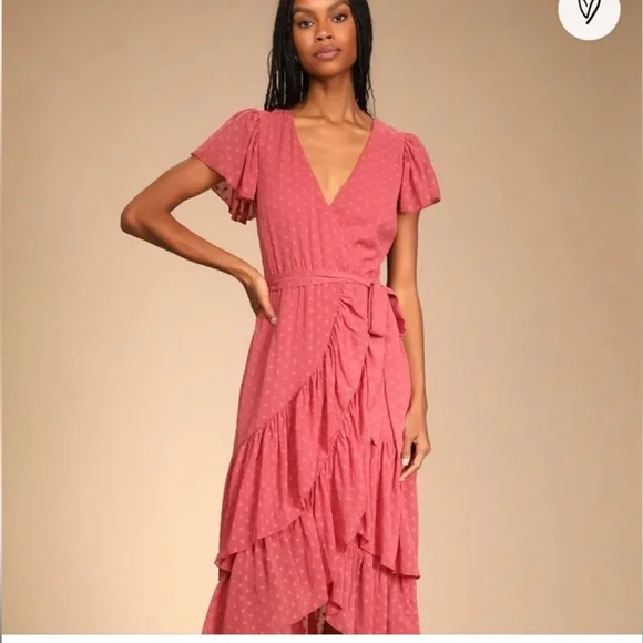 Lulus Mauve Have Harmony Swiss Dot Ruffled Faux Wrap Midi Dress - Picture 5 of 5
